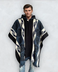 Poncho de Alpaca con Capucha Negro/Azul | Lana Suave y Cómoda | Navajo Artesanal - Imagen 1 de 9