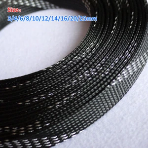 4mm-25mm Braided Cable Sleeving/Sheathing/Auto Wire Harnessing PET Black&Silver - Picture 1 of 3