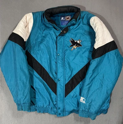 San Jose акулы стартер винтажный 90-х НХЛ хоккей 3D Sports пуховик Куртка Пальто XL - Изображение 1 из 4