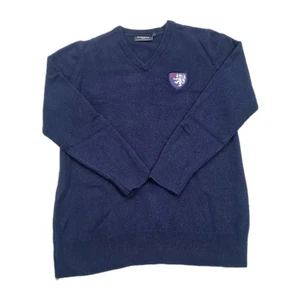 Jersey Glenmuir 100% Lana de Cordero Británica Tejido Cuello en V Bordado Azul Grande L - Imagen 1 de 8