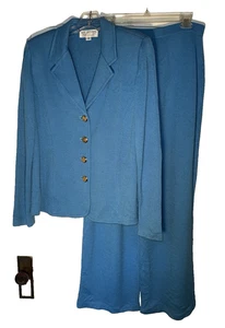 Vintage St John Santana Knit Suit Jacket Sz 14 Pants Sz 16 Blue - Picture 1 of 19