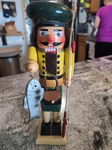 14" NUTCRACKER FISHERMAN With Fishing Pole - Picture 1 of 7