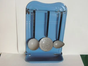 French Vintage Enamelware Utensil Rack Blue Enamel Wall Towel Bar kitchen ladle - Picture 1 of 14