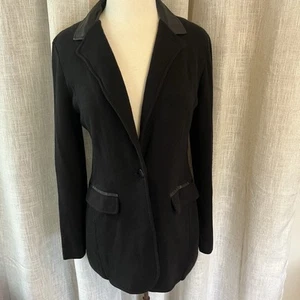 Lauren Ralph Lauren Women's M Black Knit Faux Leather Trim Blazer Old Money - Picture 1 of 13