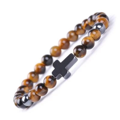 Pulseras cruzadas naturales ojo de tigre roca lava piedras preciosas 6 mm con cuentas para hombres mujeres Foto 1 de 4