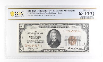 1929 $20 Minneapolis MN Federal Reserve Bank Fr#1870-I Gem Unc 65 PPQ PCGS *2524 - Image 1 of 3