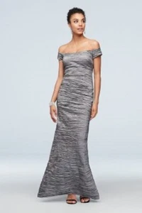 ALEX EVENINGS Silver Metallic Crinkle Taffeta Off Shoulder Mermaid Dress Gown 12 - Picture 1 of 10