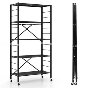 Foldable 5-Tier Storage Shelves Adjustable Collapsible Organizer Rack w/ Wheels - Picture 1 of 8