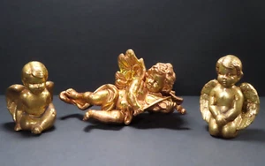 Vintage Set of (2) Gold Cherub Angel Figurines & (1) Ornament Resin / Ceramic - Picture 1 of 15