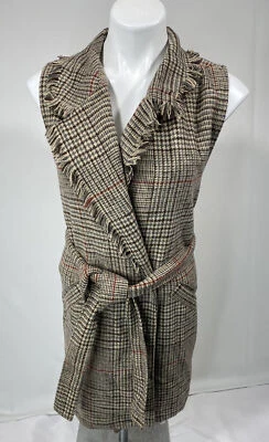 Democracy Sweater Vest Womens Medium Plaid Wrap Dress Boho Chic Tasseled Collar - Image 1 of 4