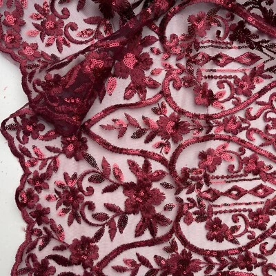 Burgundy Luxury Heavy Sequin Lace Embroidery Fabric Bridal Gown Dress Material - Image 1 of 4