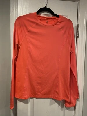 Old Navy Size M Neon Coral Long Sleeve Crew Neck Activewear Top Thumbholes  - Image 1 of 4