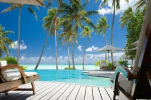 Lawn Chairs Near Infinity Pool Tropical Paradise Photo Art Print Poster 36x24 - Picture 1 of 1