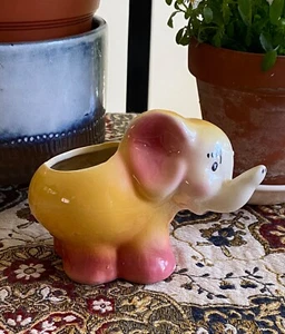 Vintage Pink Yellow Elephant Planter Lucky Trunk Up Adorable Ceramic🌸🐘 - Picture 1 of 8
