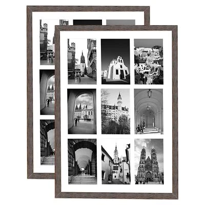 13.6x19.7 Distressed Brown Wooden Collage Frame White Mat Fits Nine 4x6 PhotosPi - Image 1 of 4