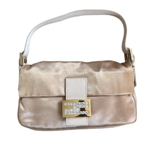 Fendi Baguette Shoulder Bag Pink Satin w/ Leather Straps & Rhinestone Hardware - Picture 1 of 17