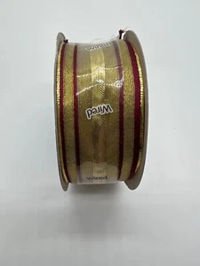 1.5 x 15Yds Offray Ribbon Co.Gold & Burgundy Striped Wired Edged Ribbon - Picture 1 of 3