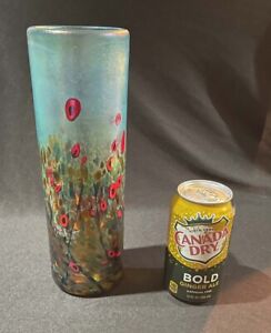 ROBERT HELD 10-3/8" Iridescent Art Glass California Red Poppy Vase Blue Amber