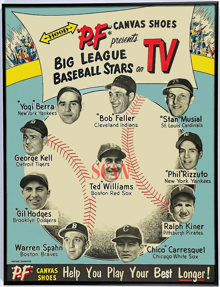 P F Flyers Zapatos Cartel de Béisbol Anuncio Años 50 Ted Williams, Stan Musial Yogi Berra Foto 1 de 1