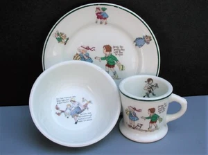 Vintage Warwick China 1937 & 1938 Childs Nursery Rhyme 3 pc Set Plate Bowl Cup - Picture 1 of 9