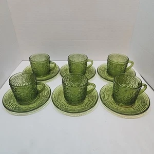 Vintage Glass Anchor Hocking Soreno Set of 6 Avocado Green Tea Cups & Saucers - Picture 1 of 12