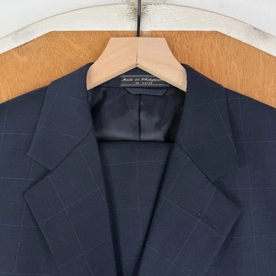 Bill Blass Suit Mens 40S Navy Blue Windowpane 3 Button Super 100s Wool 32x30 VTG - Image 1 of 4