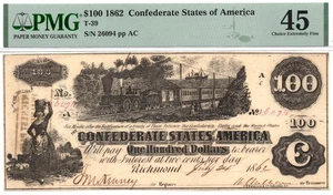 1862 $100 Confederate States of America T-39 Note - PMG XF45! Civil War Era! - Picture 1 of 4