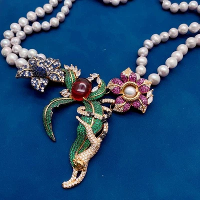 Collar de perlas grises cultivadas de 9 mm de 2 hebras collares colgantes de flores de pavé de circonita grande Foto 1 de 4