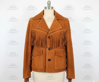 Men's Brown Suede Leather Jacket with Fringe Handmade Western Coat Cowboy Outfit - Image 1 of 4