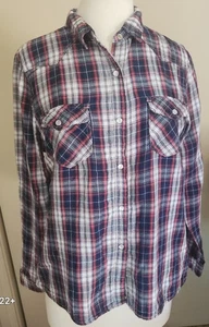 U6 Vanilla Star long sleeve red blue plaid red check lined pearl snaps pockets - Picture 1 of 11