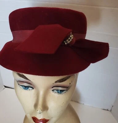 Vintage 50s Maroon Genuine Velour Hat with Bow - Image 1 of 4