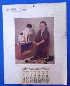 GEO SEITZ DRUGGIST ELLSWORTH KANSAS 1905 CALENDAR JG BROWN ARTIST SHOESHINE BOY - Picture 1 of 2