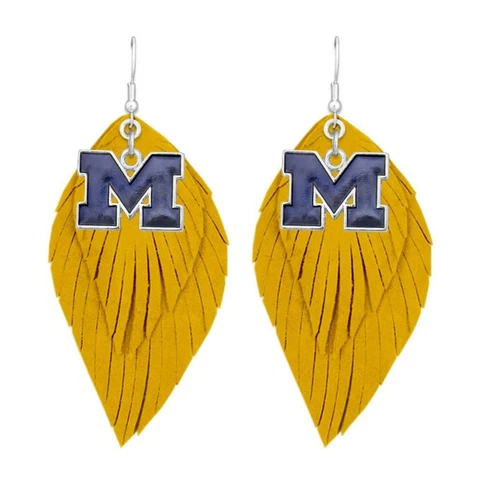 Michigan Wolverines Gold Navy Boho Leather Feather Earrings Jewelry Gift UM Cover