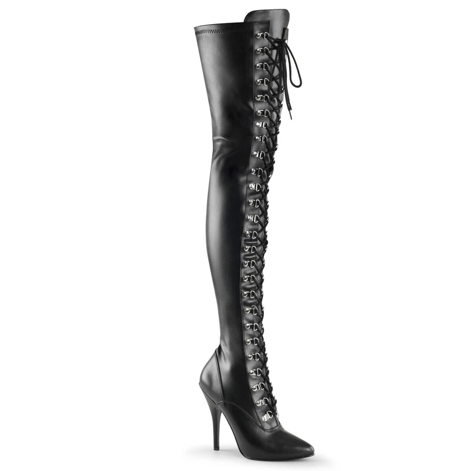 Black Latex Thigh High Lace Up Over the Knee Fetish Hooker Boots Pleaser Seduce - Image 1 of 1