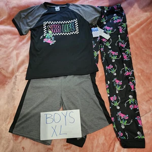 New Boys XL Skeleton Skater Sk8 Life 3Pc Shirt Shorts Pants Pajama Set NWT 14/16 - Picture 1 of 14