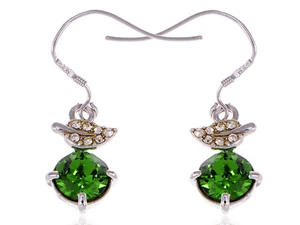 Womens Crystal Element Silver Tone Green Leaf Circle Fish Hook Dangle Earrings - Picture 1 of 3