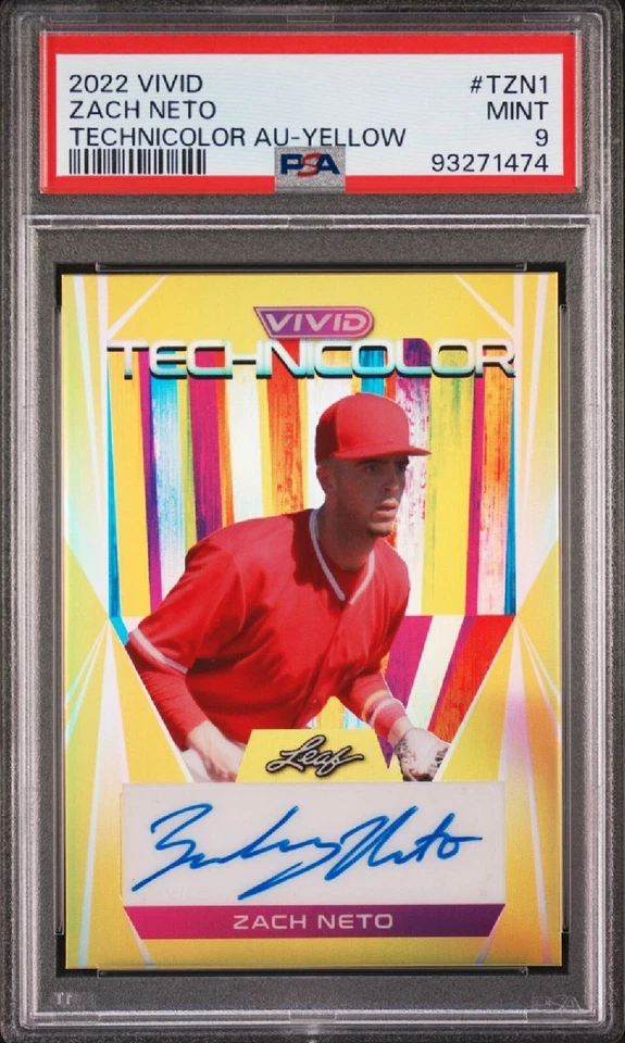 2022 Leaf Vivid Technicolor Yellow  Auto Zach Neto RC Auto SP 9/50 PSA 9 - Image 1 of 2