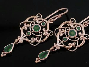 E104 ORNATE Genuine 9K Rose Gold NATURAL Emerald Drop Dangle Earrings Filigree - Picture 1 of 1