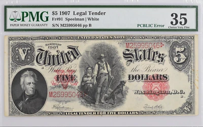 Fr#91 $5 1907 Legal Tender 'PCBLIC' ERROR PMG 35 VERY FINE-STUNNING  - Image 1 of 2