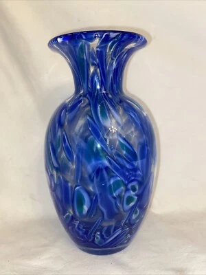 Mottled Cobalt Blue And Green Handblown Glass Vase 8” - Image 1 of 4