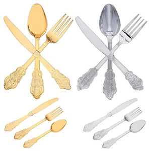 Gold or Silver Shiny Baroque Disposable Plastic Cutlery Set - Spoon Fork Knife - Picture 1 of 23