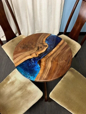 Custom Blue Ocean-Inspired Walnut Wood Epoxy Dining Table / Sofa Table - Image 1 of 3