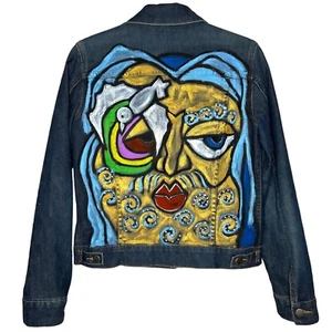 Women's Theory Painted Art Painted Face Jean Jacket Size M - Picture 1 of 4