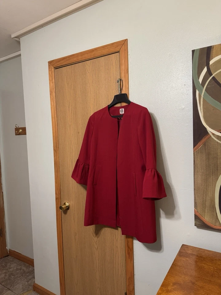 Chaqueta Anne Klein Mediana Roja Sólida Frente Abierto con Mangas Acampanadas - Usada en Excelente Condición Foto 1 de 4