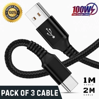 USB A to Type C Cable 3A 60W Fast Charger Braided Long Lead 0.25M 1M 2M 3M - Image 1 of 4