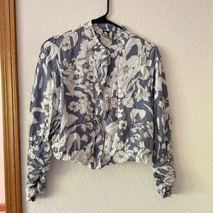 Janse Handshaped In The Shed Floral Zip Jacke L blau weiß geraffte Ärmel Retro - Bild 1 von 10