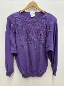 Adolfo Collectibles VTG Embroidered Floral Purple Blouse Sweater Top Womens XL - Picture 1 of 9