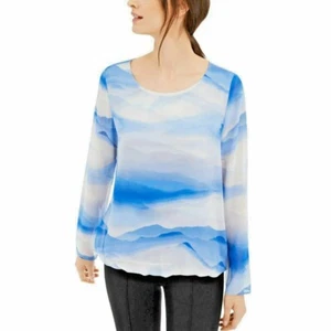 Camisa estampada manga larga cuello redondo dobladillo burbuja azul Alfani para mujer talla S - Imagen 1 de 8