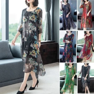 Women Chiffon Print Midi Dress Half Sleeves Casual Loose A-line Retro Ethnic - Picture 1 of 15