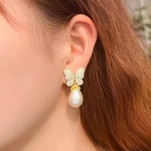 Diamond Pave Butterfly Pearl Earrings (lab-created) - Picture 1 of 8